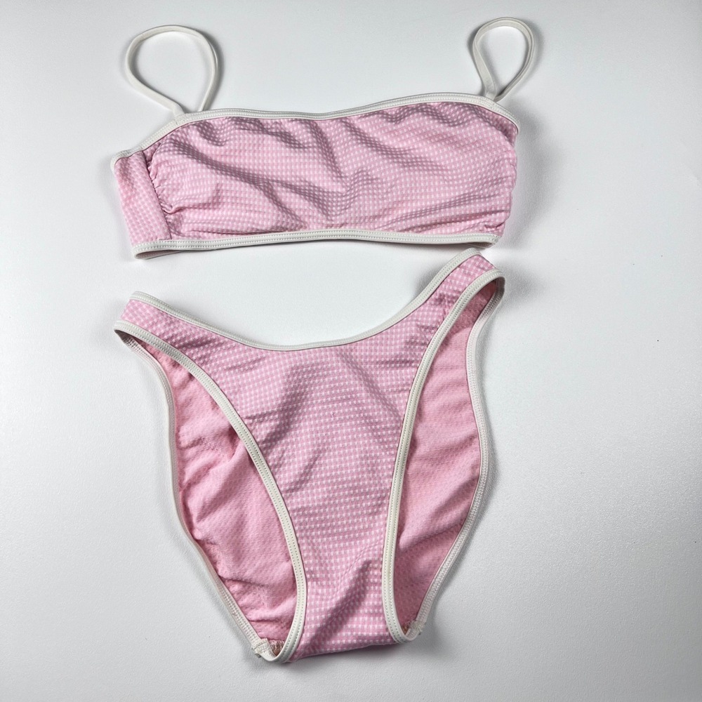 Gingham Bikini Set Womens Small Pink Excellent High Cut Bandeau G0035 - Picture 6 of 6